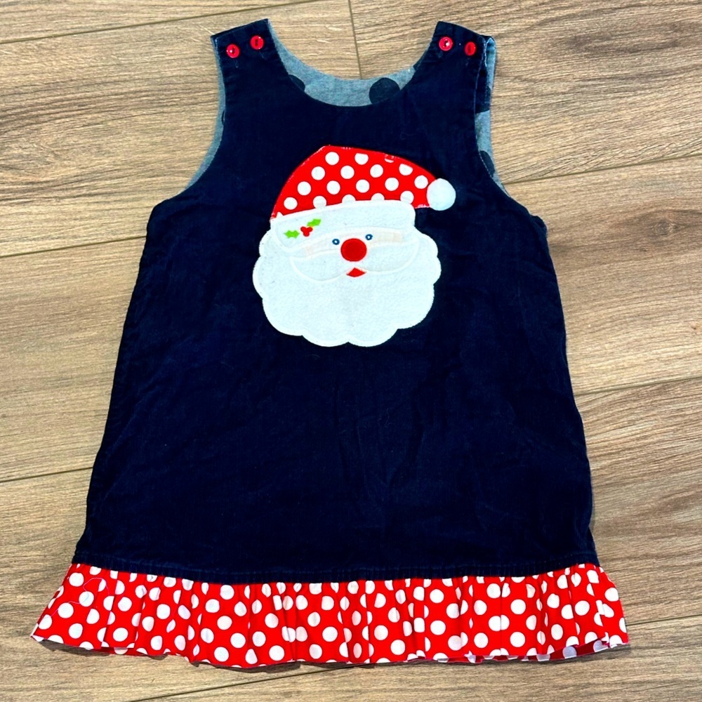 Girls 4T Bailey Boys Reversible Blue Corduroy Dress With Santa and Polka Dots
